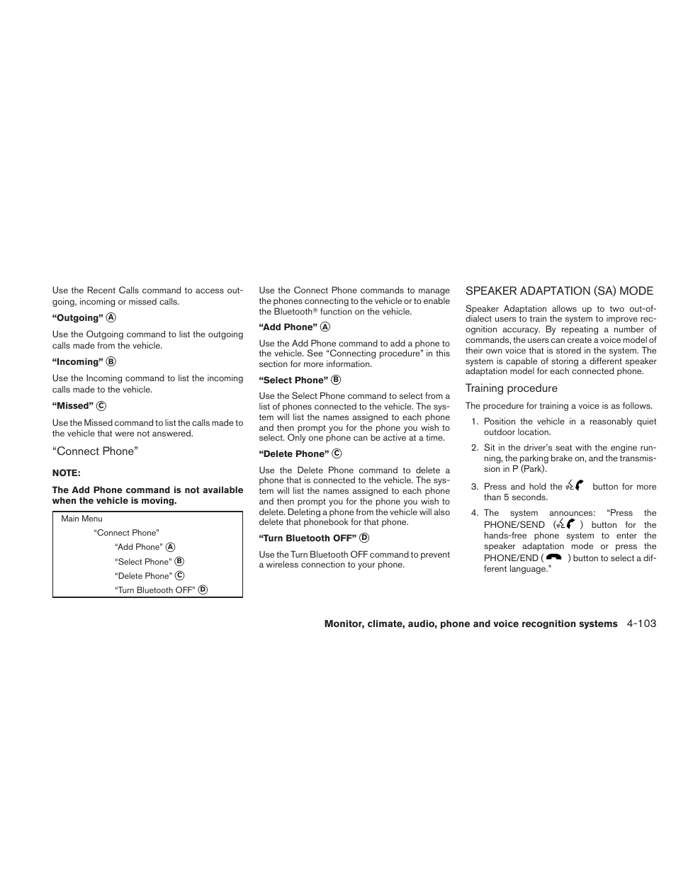 Speaker adaptation (sa) mode -103 | NISSAN 2010 Altima User Manual | Page 264 / 438