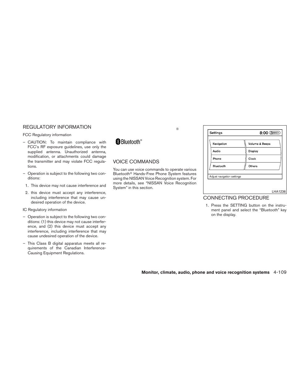 Regulatory information -109 voice commands -109, Connecting procedure -109 | NISSAN 2010 Altima User Manual | Page 270 / 438