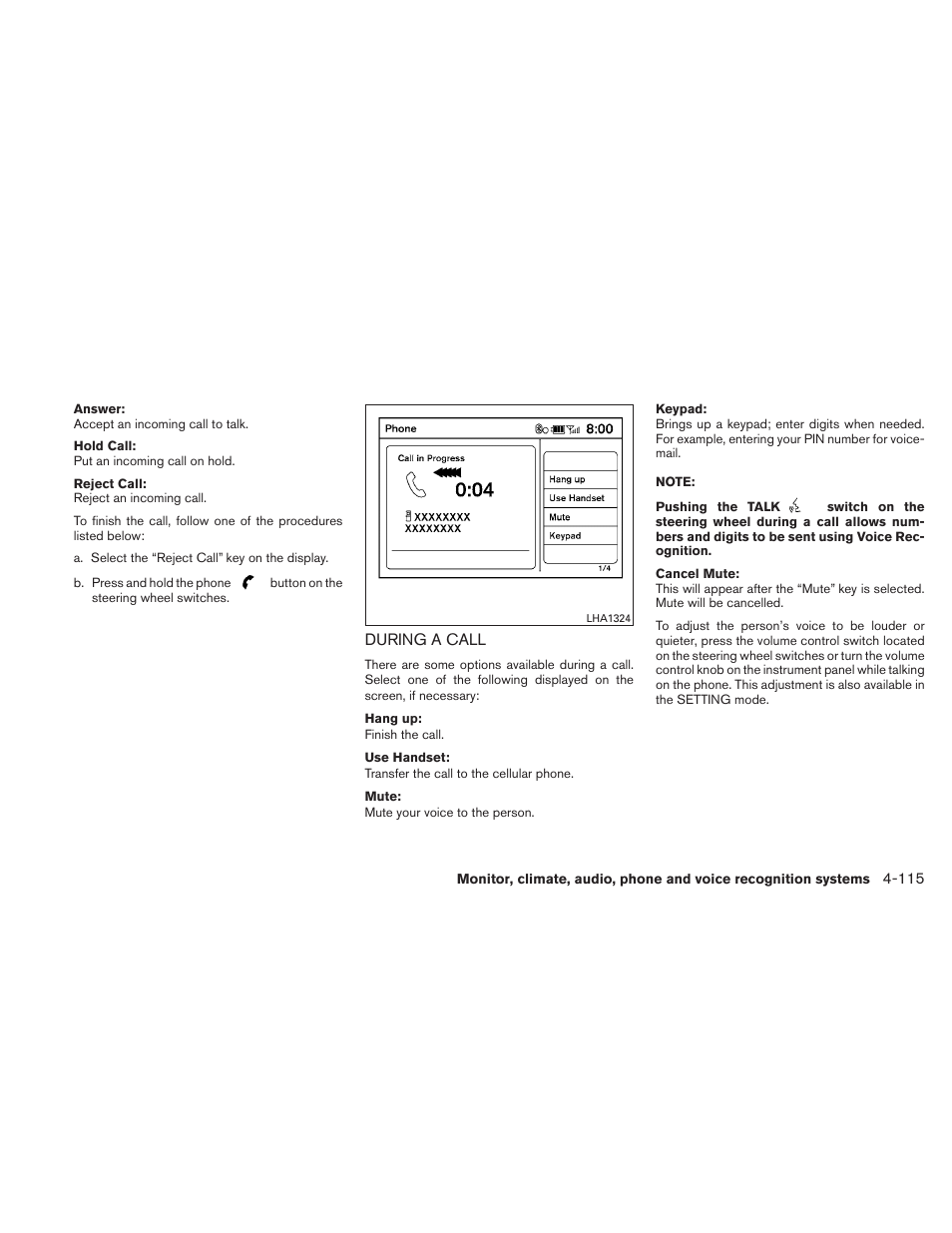 During a call -115 | NISSAN 2010 Altima User Manual | Page 276 / 438