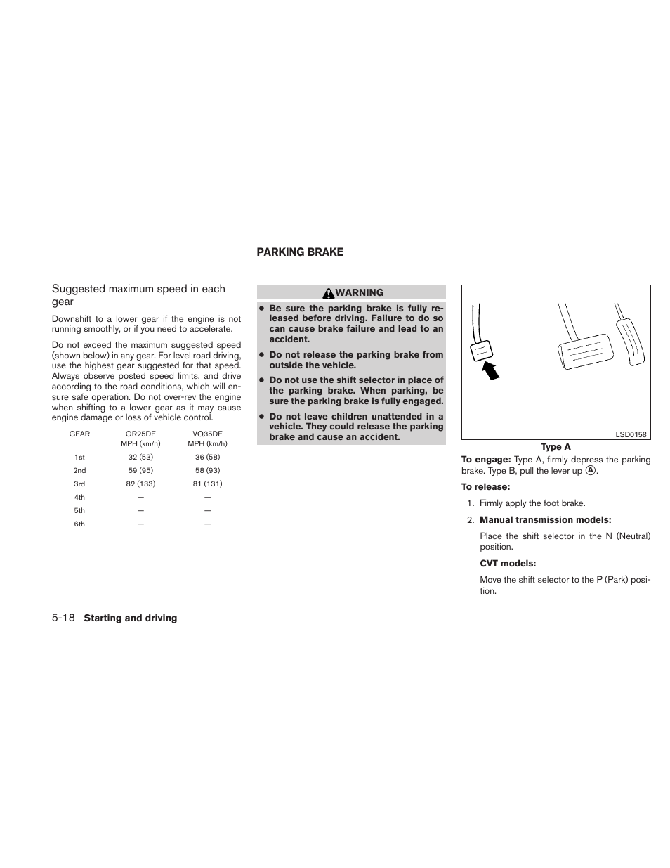 Parking brake -18, Suggested maximum speed in each gear, Parking brake | NISSAN 2010 Altima User Manual | Page 321 / 438