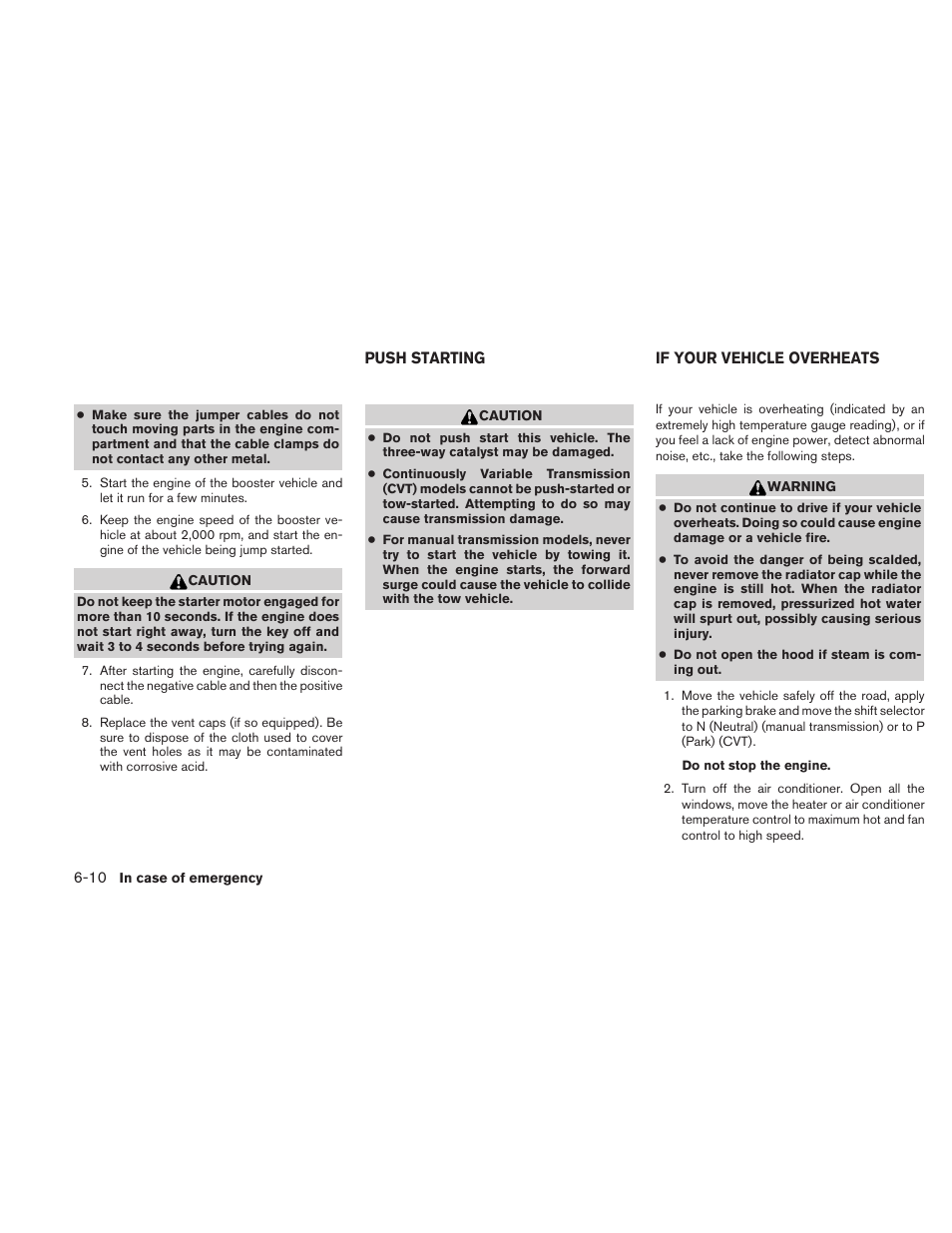 Push starting -10, If your vehicle overheats -10 | NISSAN 2010 Altima User Manual | Page 341 / 438