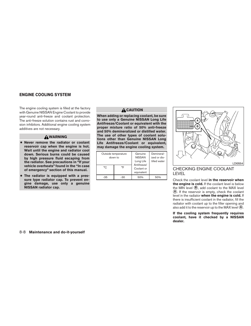 Engine cooling system -8, Checking engine coolant level -8, Checking engine coolant level | Engine cooling system | NISSAN 2010 Altima User Manual | Page 361 / 438