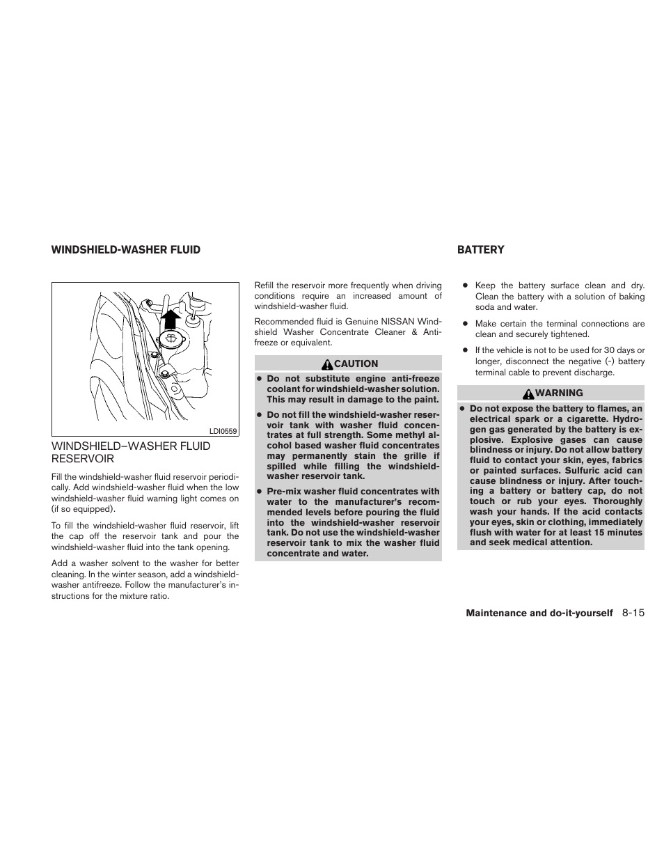 Windshield-washer fluid -15, Windshield–washer fluid reservoir -15, Battery -15 | NISSAN 2010 Altima User Manual | Page 368 / 438