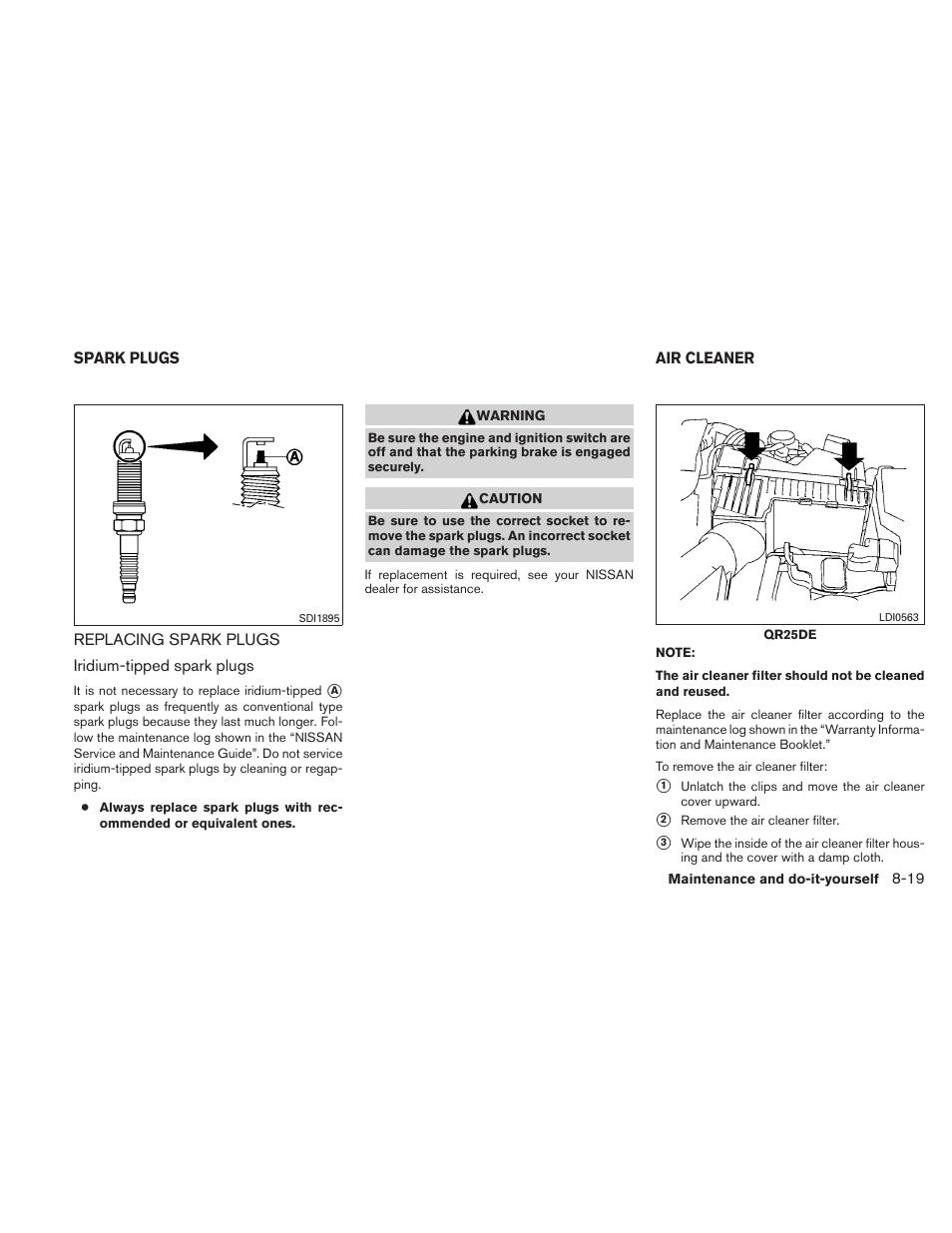 Spark plugs -19, Replacing spark plugs -19, Air cleaner -19 | NISSAN 2010 Altima User Manual | Page 372 / 438