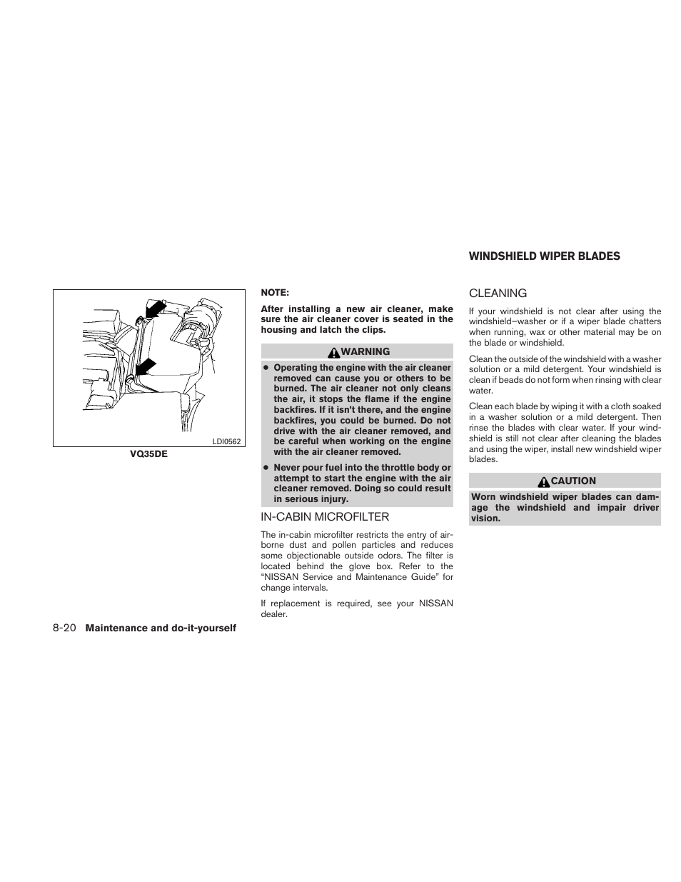 In-cabin microfilter -20, Windshield wiper blades -20, Cleaning -20 | NISSAN 2010 Altima User Manual | Page 373 / 438