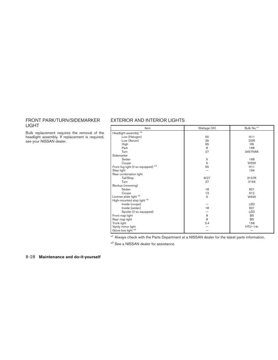 Front park/turn/sidemarker light, Exterior and interior lights | NISSAN 2010 Altima User Manual | Page 381 / 438