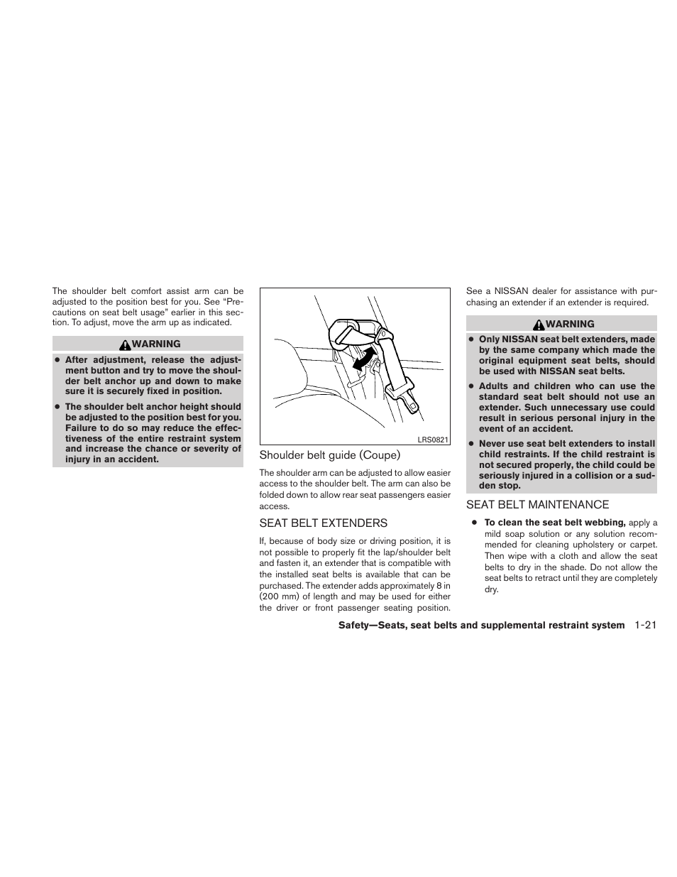 Seat belt extenders -21 seat belt maintenance -21 | NISSAN 2010 Altima User Manual | Page 40 / 438