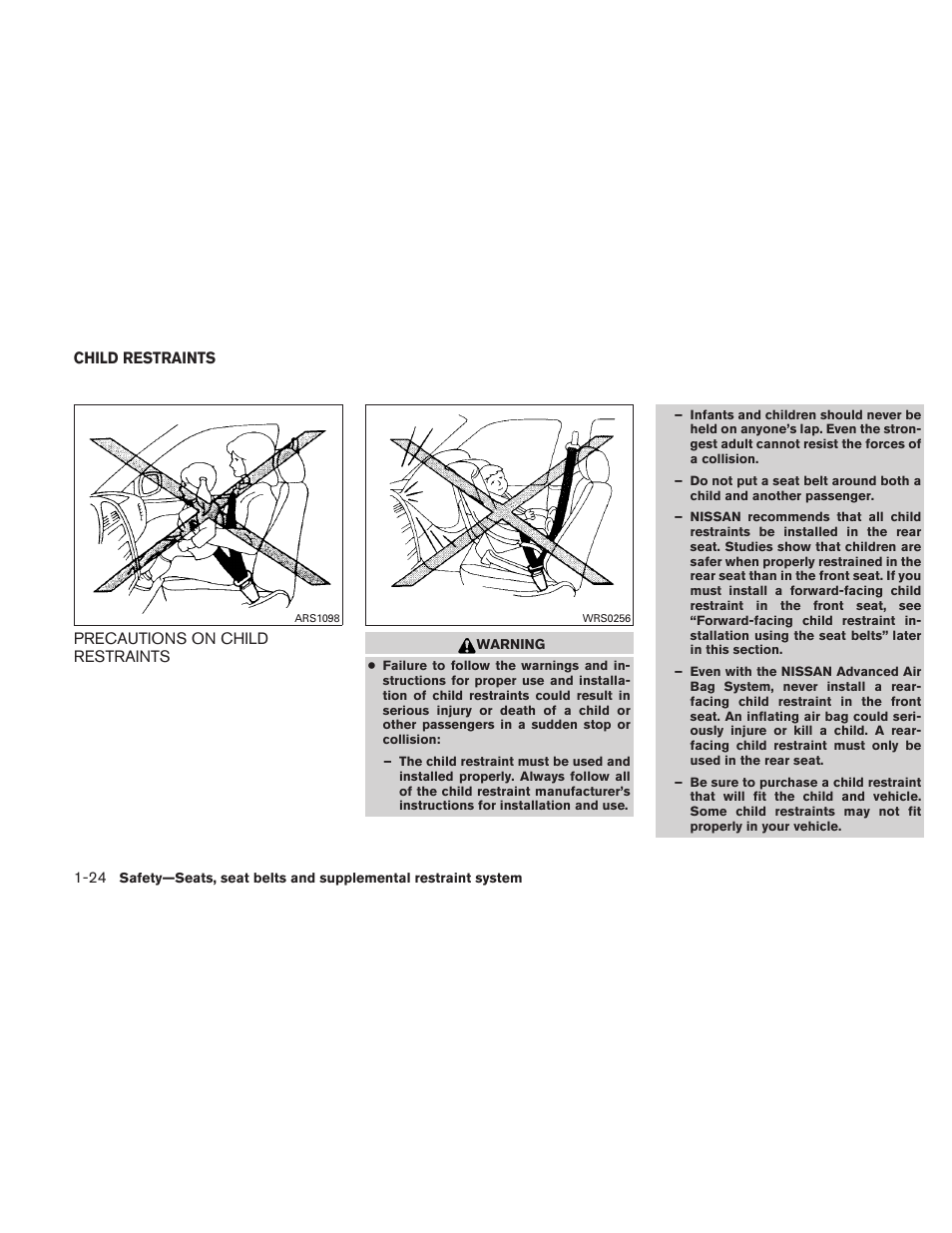 Child restraints -24, Precautions on child restraints -24 | NISSAN 2010 Altima User Manual | Page 43 / 438