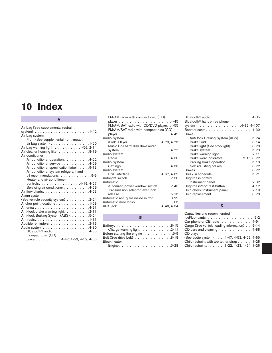 Index, 10 index | NISSAN 2010 Altima User Manual | Page 430 / 438