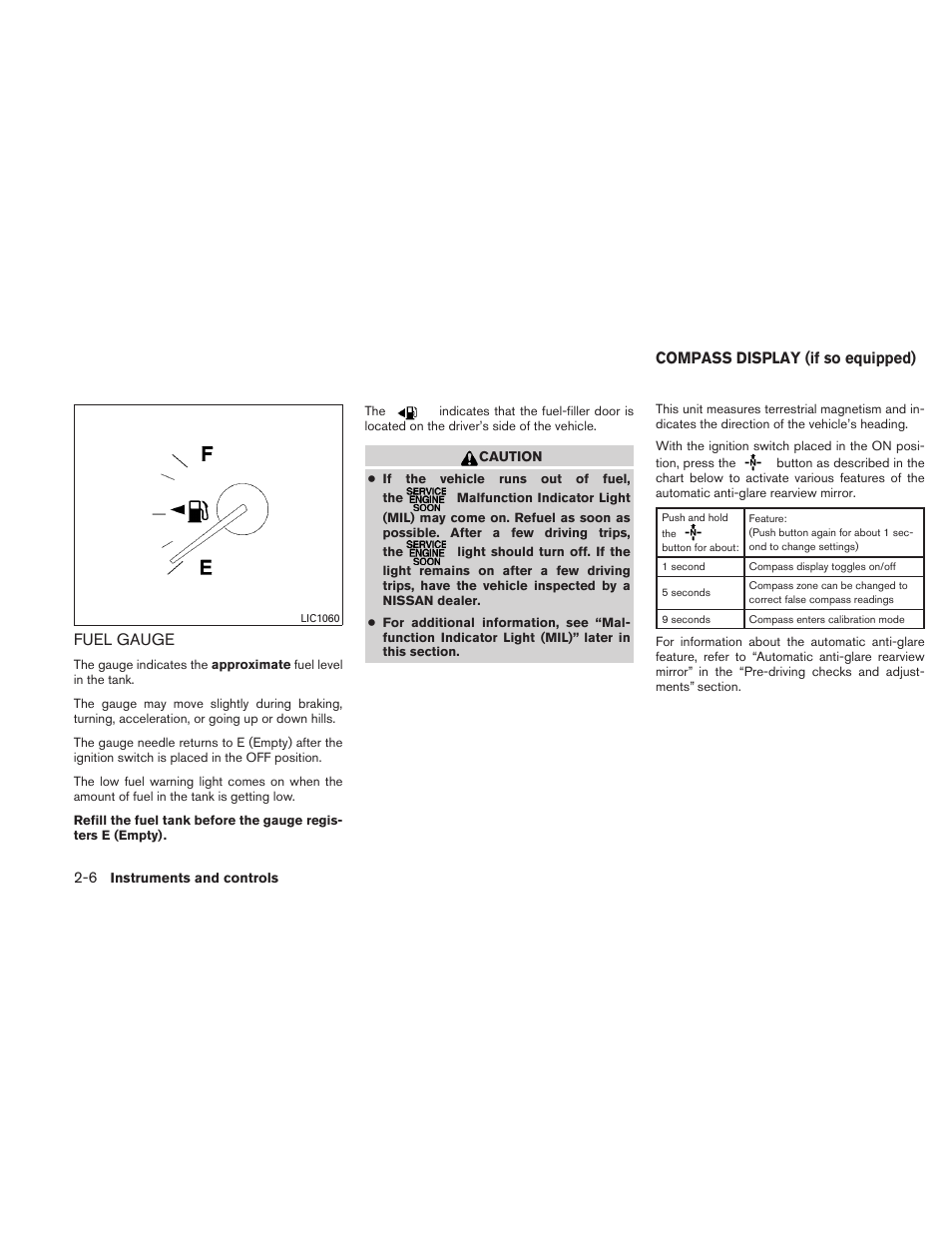 Fuel gauge -6, Compass display (if so equipped) -6, Fuel gauge | Compass display (if so equipped) | NISSAN 2010 Altima User Manual | Page 83 / 438