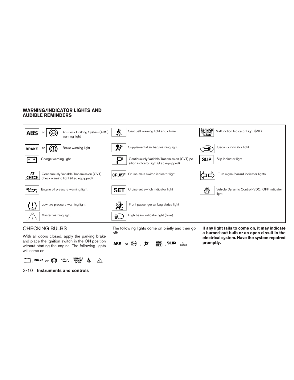 Warning/indicator lights and audible reminders -10, Checking bulbs -10, Checking bulbs | Warning/indicator lights and audible reminders | NISSAN 2010 Altima User Manual | Page 87 / 438