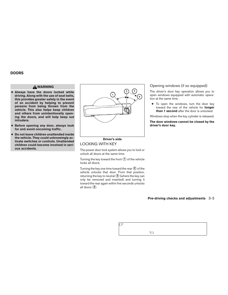 Doors -3, Locking with key -3 | NISSAN 2009 Xterra User Manual | Page 127 / 336