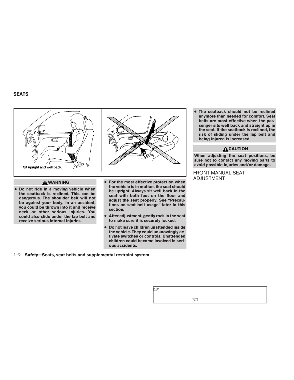 Seats -2, Front manual seat adjustment -2 | NISSAN 2009 Xterra User Manual | Page 18 / 336