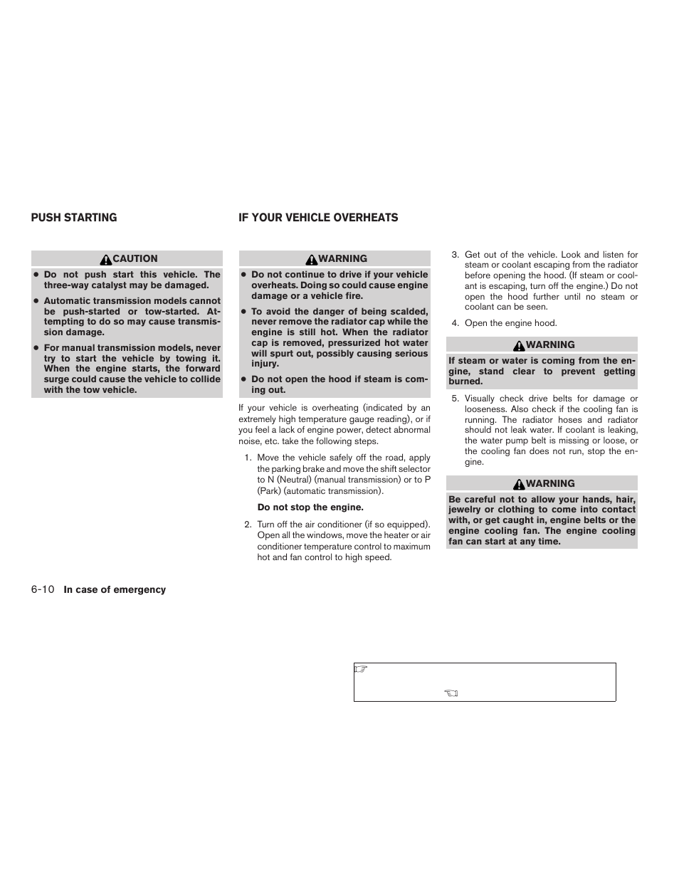 Push starting -10 if your vehicle overheats -10 | NISSAN 2009 Xterra User Manual | Page 242 / 336