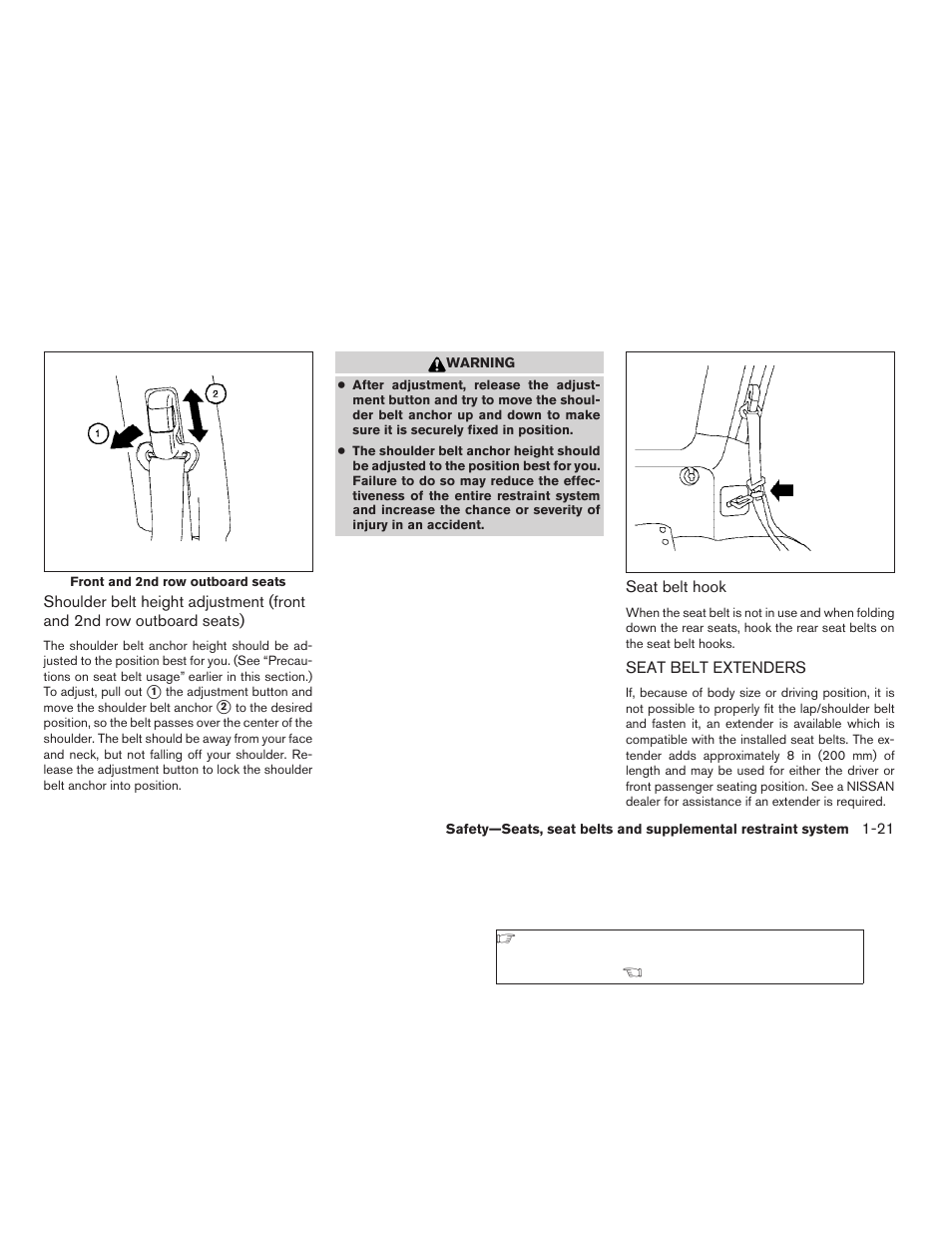 Seat belt extenders -21 | NISSAN 2009 Xterra User Manual | Page 37 / 336