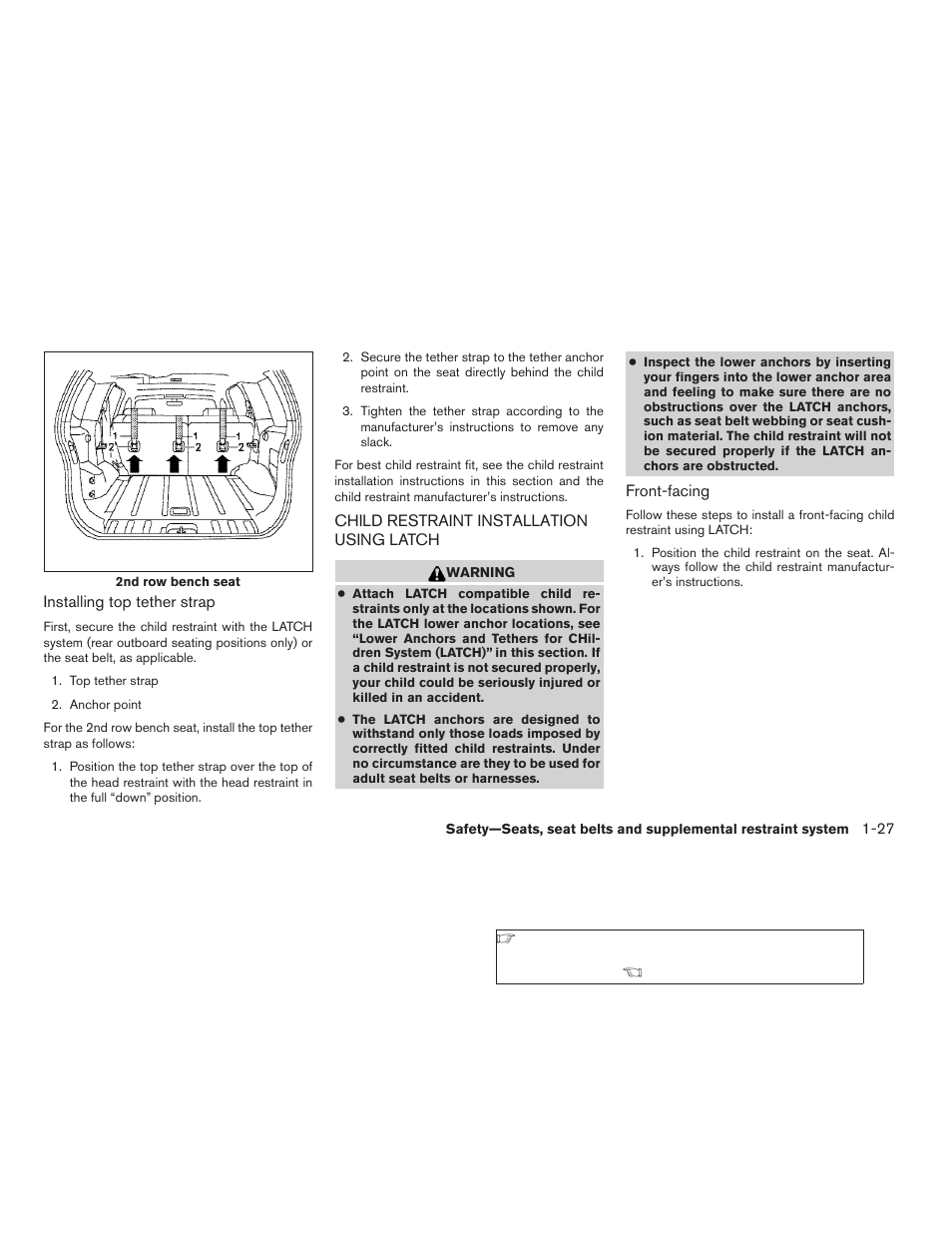 Child restraint installation using latch -27 | NISSAN 2009 Xterra User Manual | Page 43 / 336