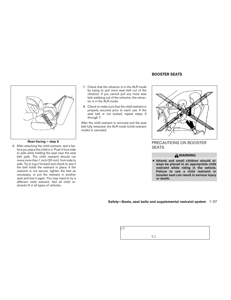 Booster seats -37, Precautions on booster seats -37 | NISSAN 2009 Xterra User Manual | Page 53 / 336