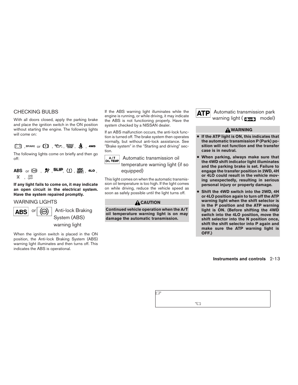 Checking bulbs -13 warning lights -13 | NISSAN 2009 Xterra User Manual | Page 89 / 336