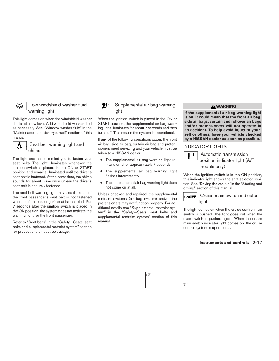 Indicator lights -17 | NISSAN 2009 Xterra User Manual | Page 93 / 336