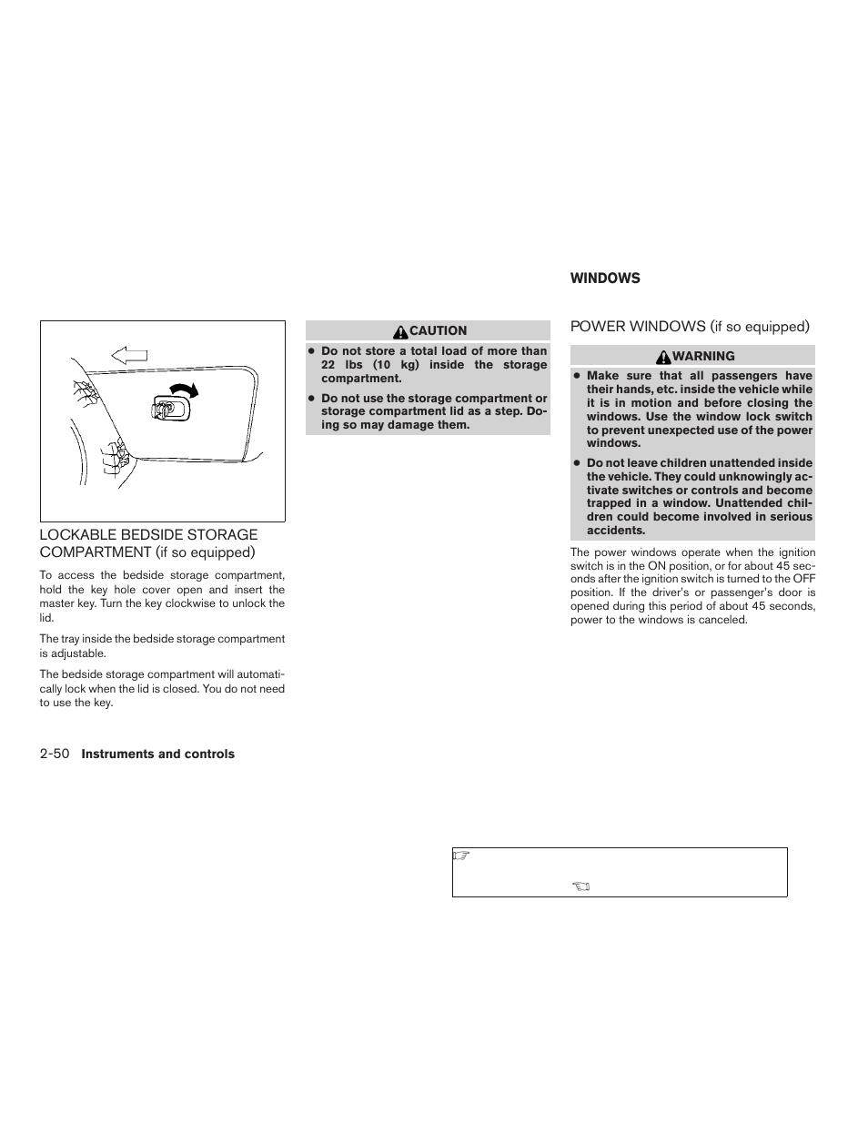 Lockable bedside storage compartment, If so equipped) -50, Windows -50 | Power windows (if so equipped) -50 | NISSAN 2009 Titan User Manual | Page 128 / 408