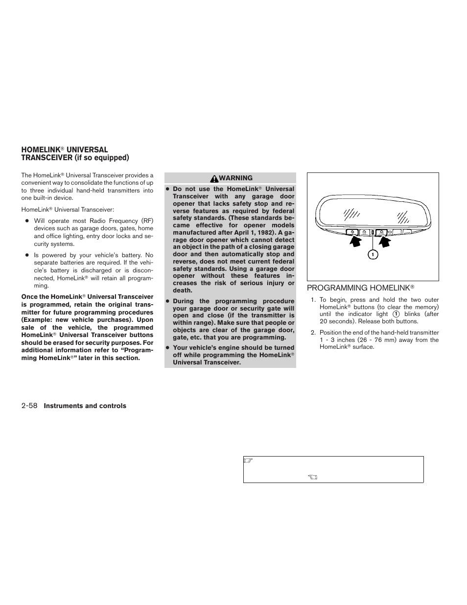 Homelink, Universal transceiver (if so equipped) -58, Programming homelink | NISSAN 2009 Titan User Manual | Page 136 / 408