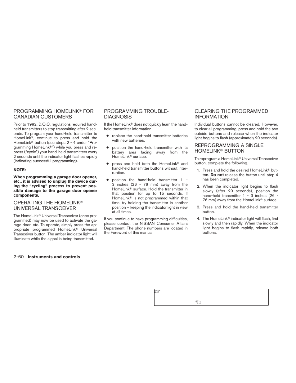 Programming homelink, For canadian, Customers -60 operating the homelink | Universal, Button -60 | NISSAN 2009 Titan User Manual | Page 138 / 408