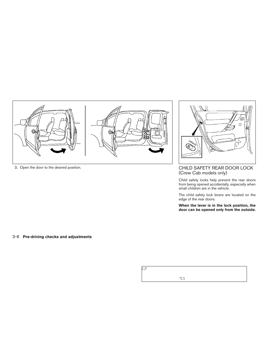 Child safety rear door lock, Crew cab models only) -6 | NISSAN 2009 Titan User Manual | Page 146 / 408