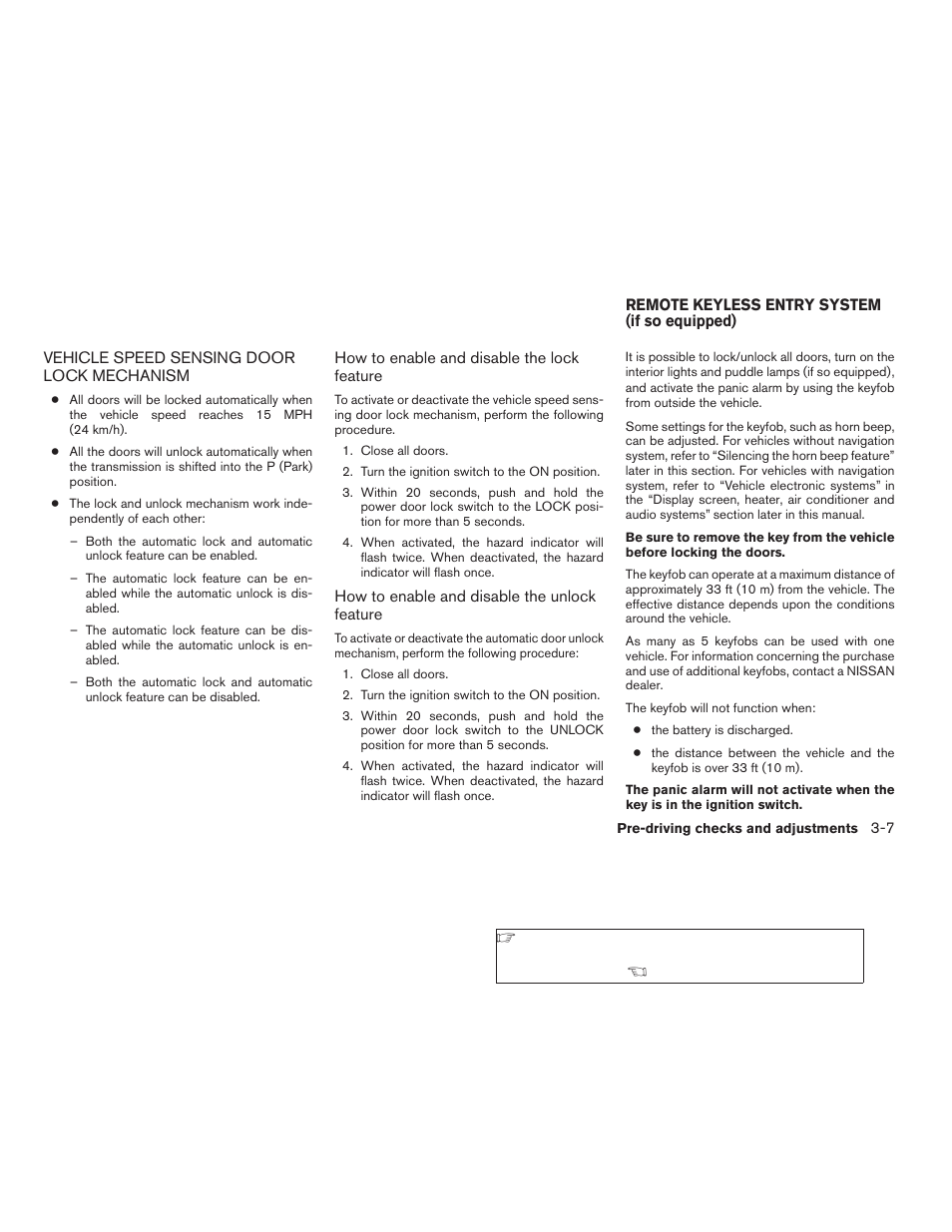 Vehicle speed sensing door lock mechanism -7, Remote keyless entry system (if so equipped) -7 | NISSAN 2009 Titan User Manual | Page 147 / 408