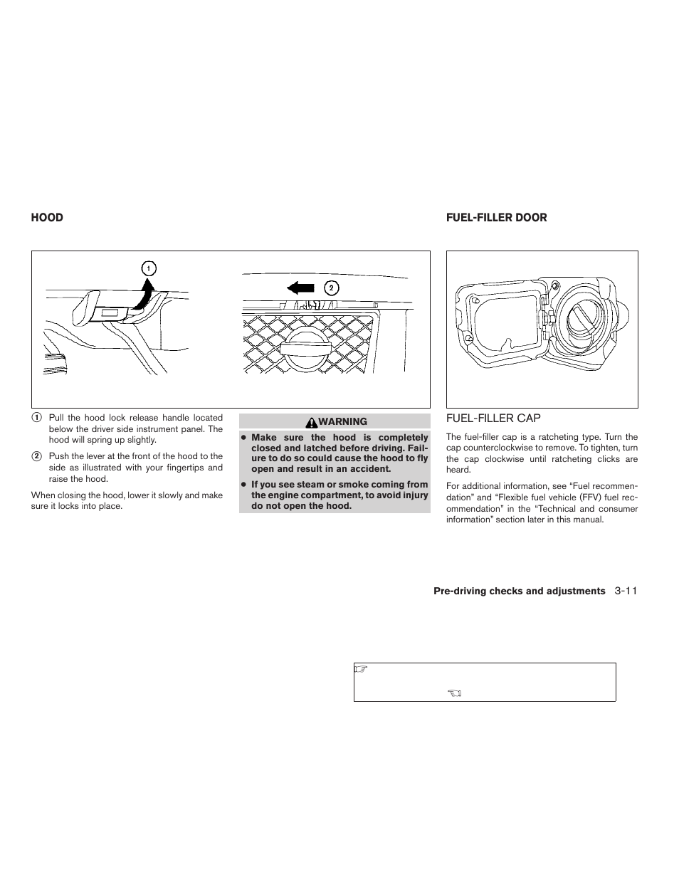 Hood -11 fuel-filler door -11, Fuel-filler cap -11 | NISSAN 2009 Titan User Manual | Page 151 / 408