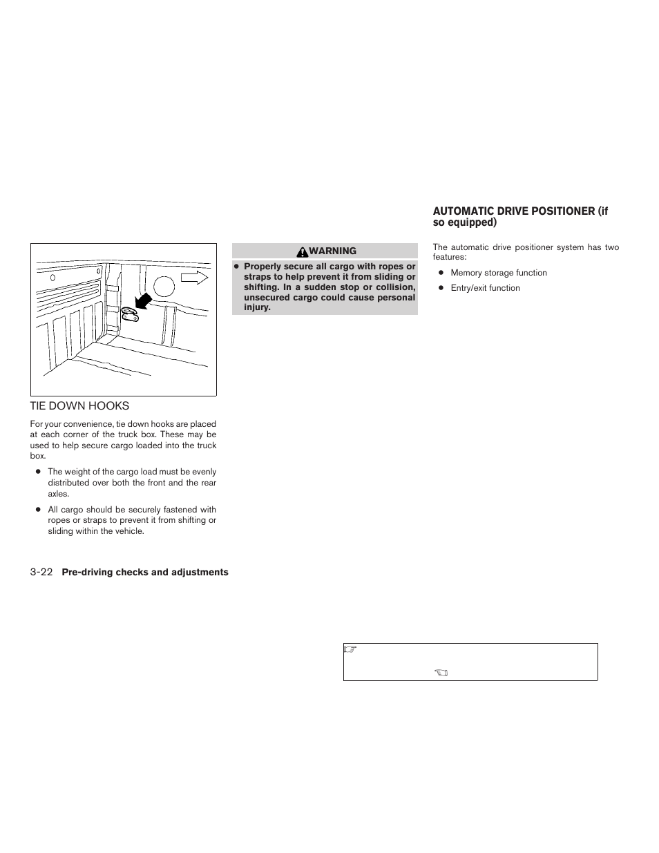 Tie down hooks -22, Automatic drive positioner (if so equipped) -22 | NISSAN 2009 Titan User Manual | Page 162 / 408