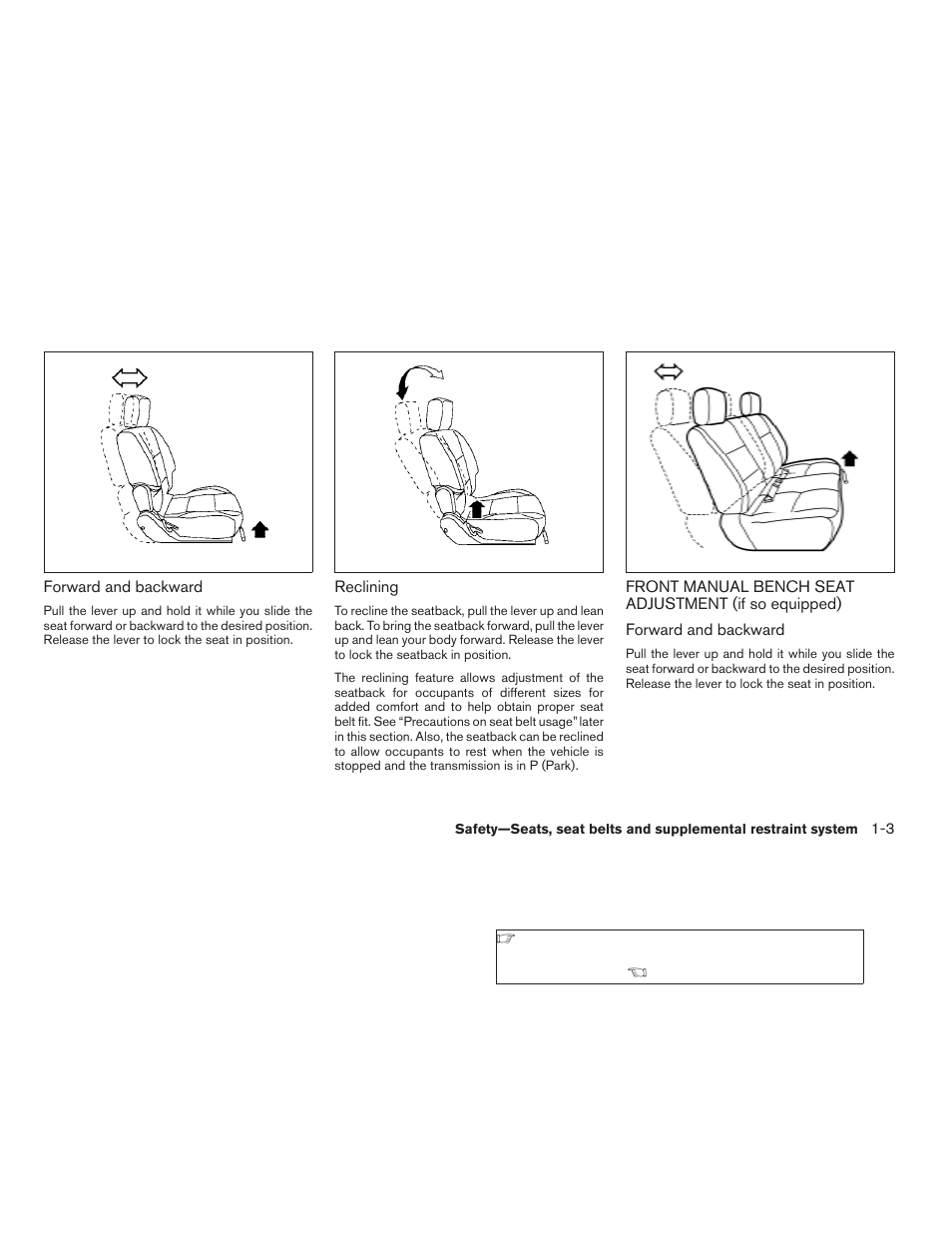 Front manual bench seat adjustment, If so equipped) -3 | NISSAN 2009 Titan User Manual | Page 19 / 408