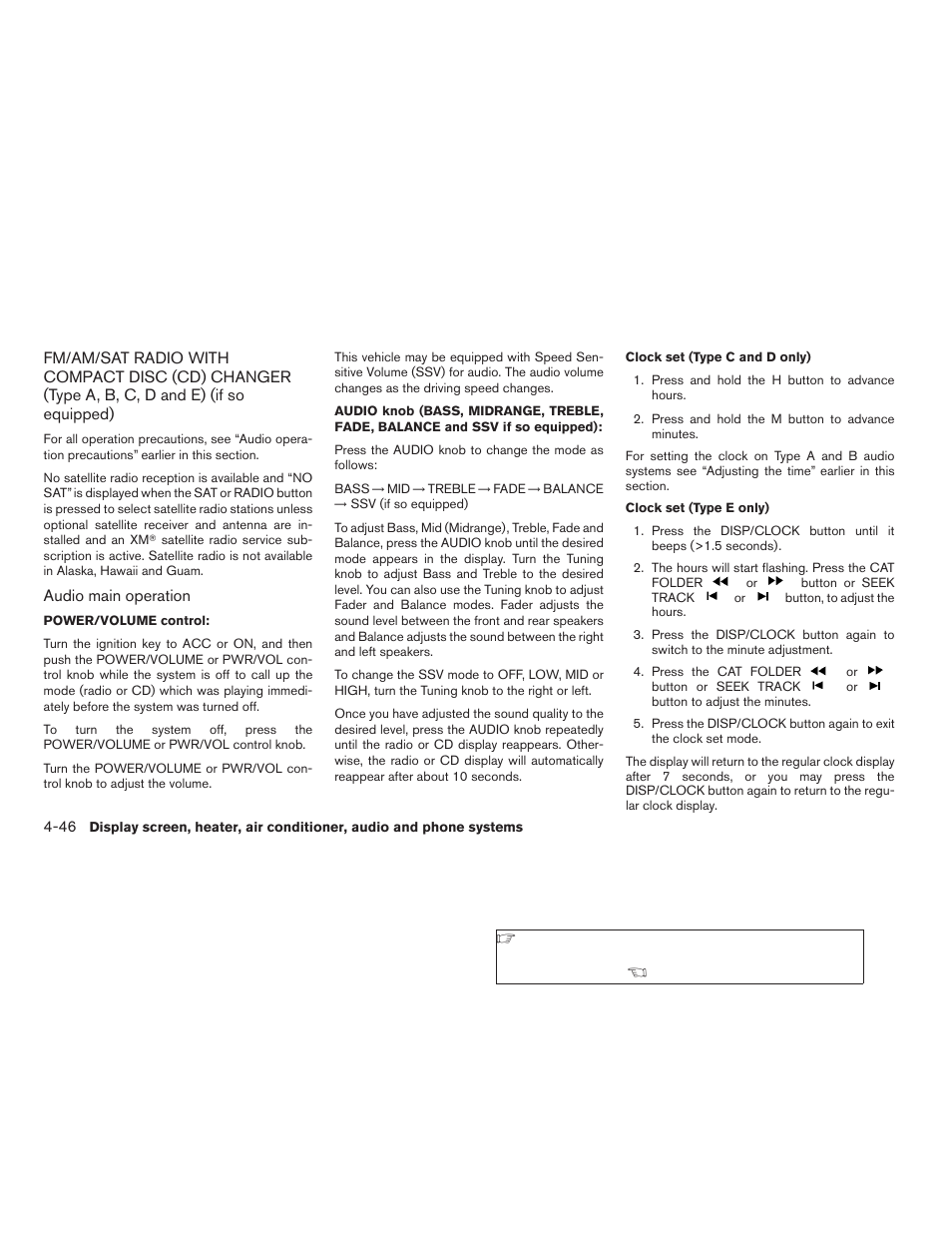 Fm/am/sat radio with compact disc (cd), Changer (type a, b, c, d and e), If so equipped) -46 | NISSAN 2009 Titan User Manual | Page 212 / 408