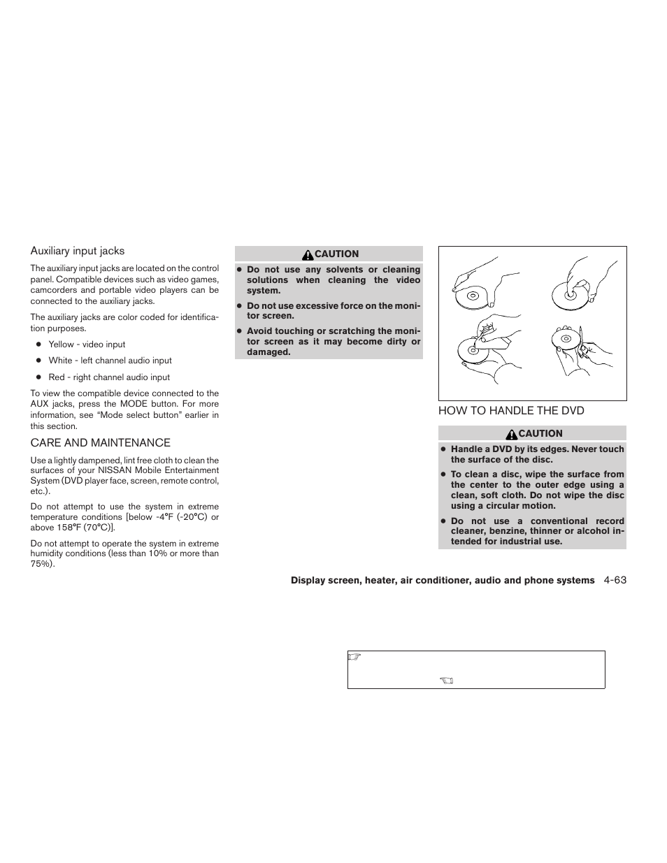 Care and maintenance -63, How to handle the dvd -63 | NISSAN 2009 Titan User Manual | Page 229 / 408