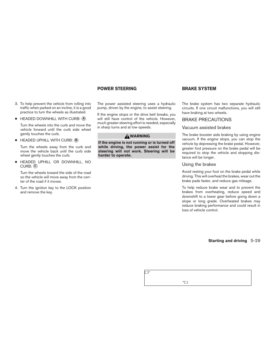 Power steering -29 brake system -29, Brake precautions -29 | NISSAN 2009 Titan User Manual | Page 277 / 408