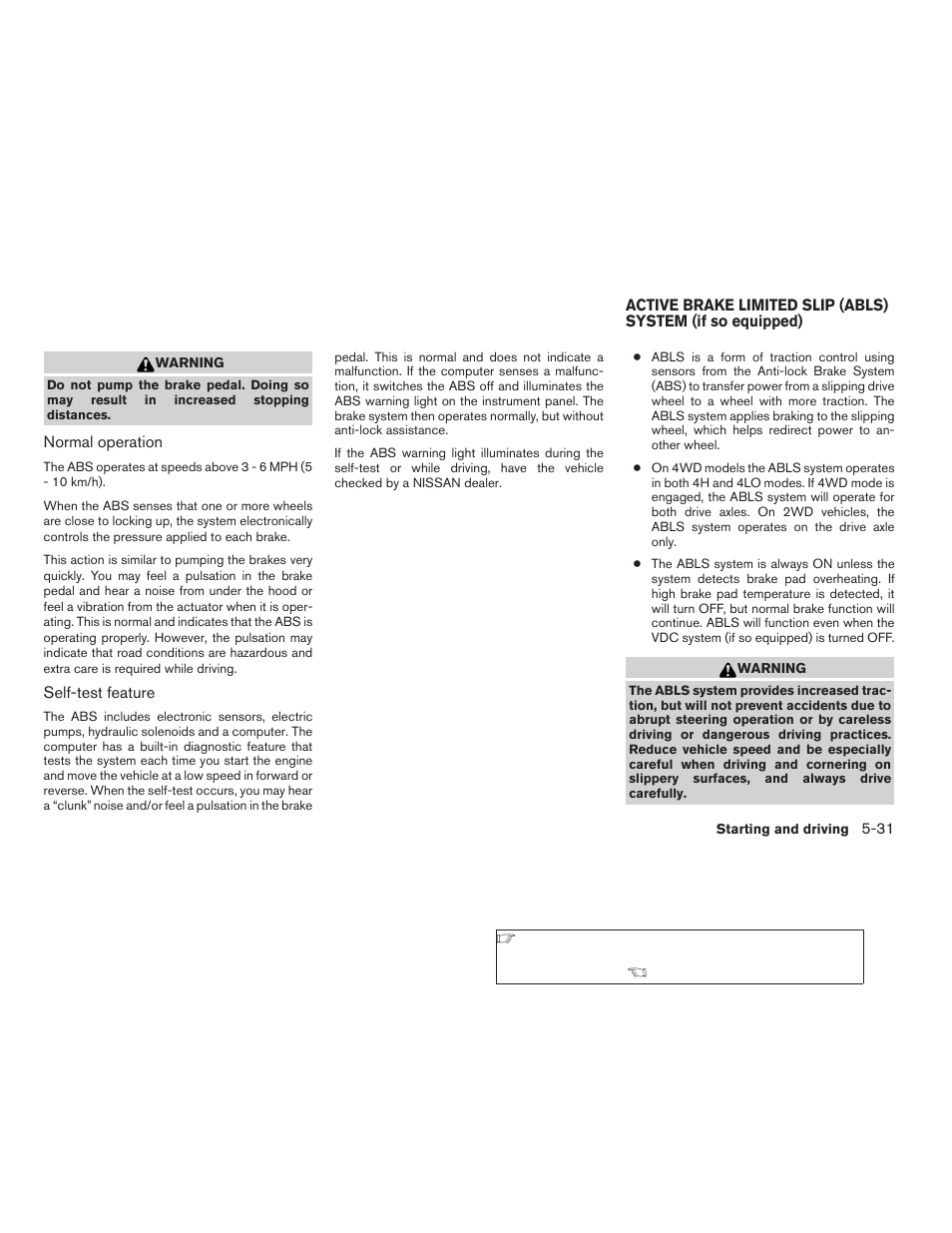 Active brake limited slip (abls) system, If so equipped) -31 | NISSAN 2009 Titan User Manual | Page 279 / 408