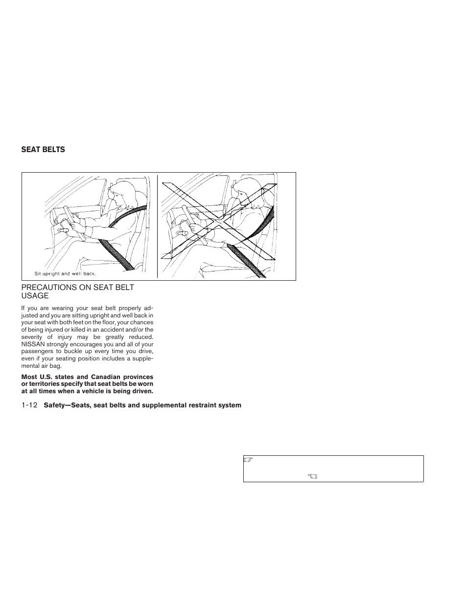 Seat belts -12, Precautions on seat belt usage -12 | NISSAN 2009 Titan User Manual | Page 28 / 408