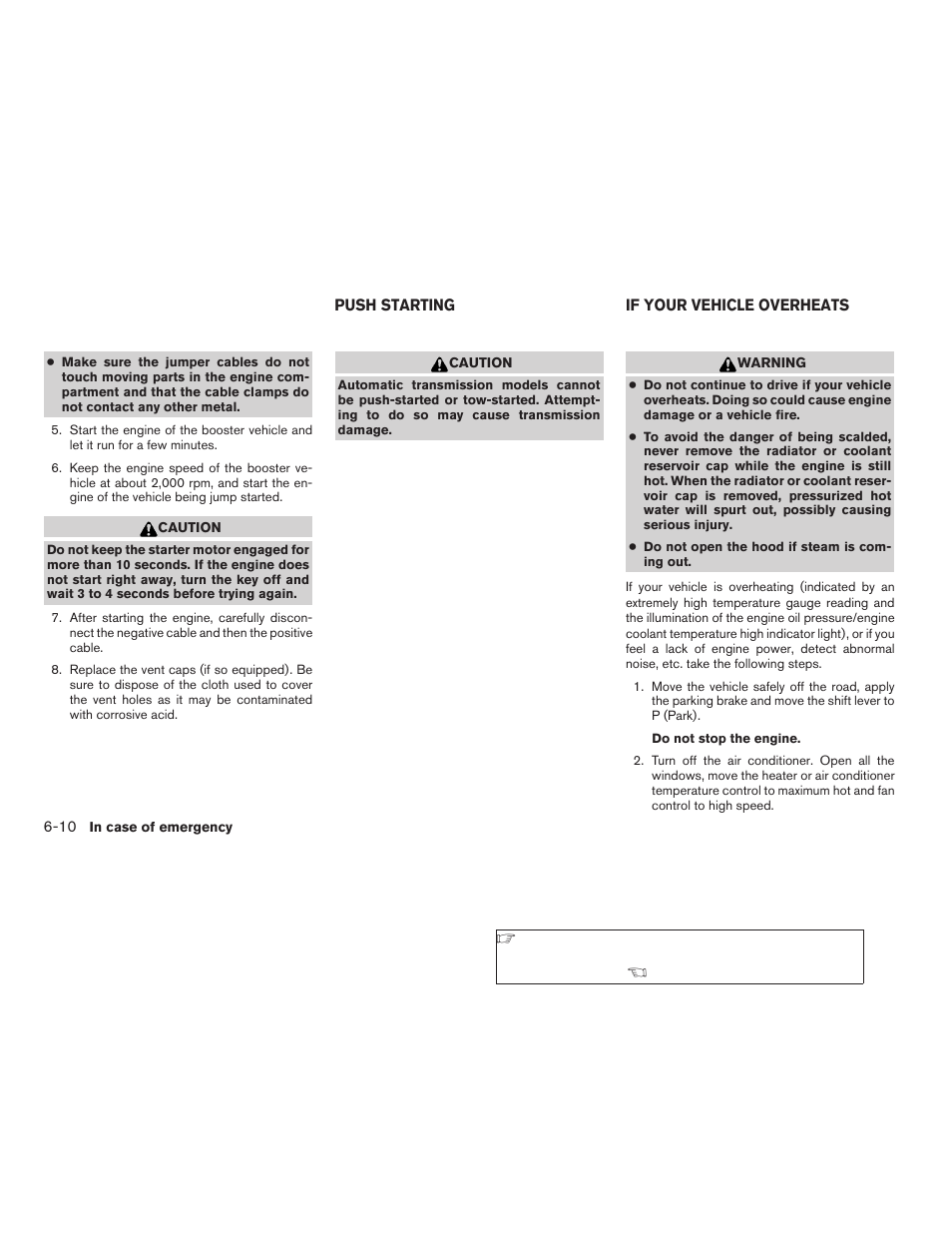 Push starting -10, If your vehicle overheats -10 | NISSAN 2009 Titan User Manual | Page 294 / 408