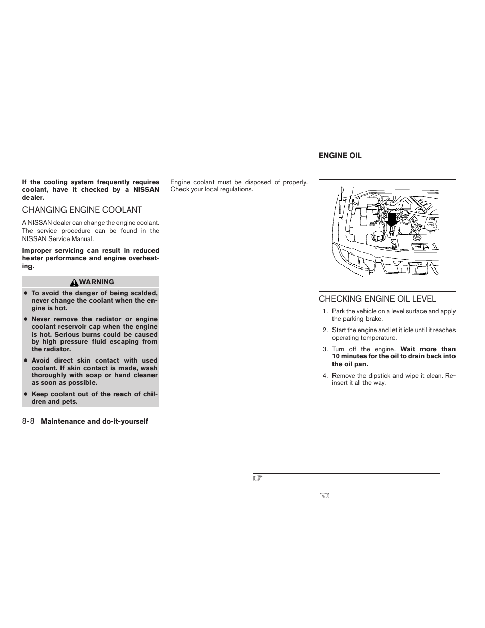 Changing engine coolant -8, Engine oil -8, Checking engine oil level -8 | NISSAN 2009 Titan User Manual | Page 312 / 408