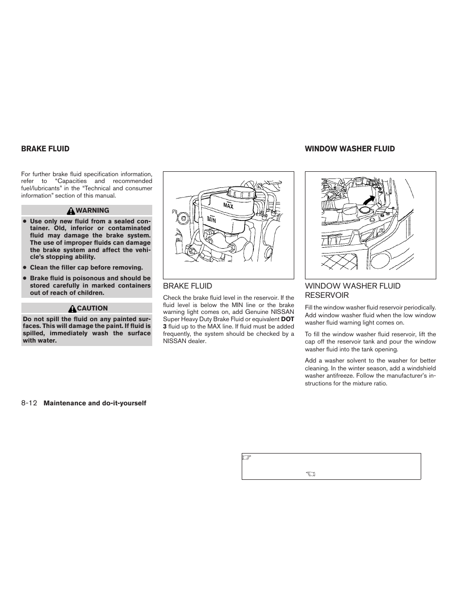 Brake fluid -12, Window washer fluid -12, Window washer fluid reservoir -12 | NISSAN 2009 Titan User Manual | Page 316 / 408