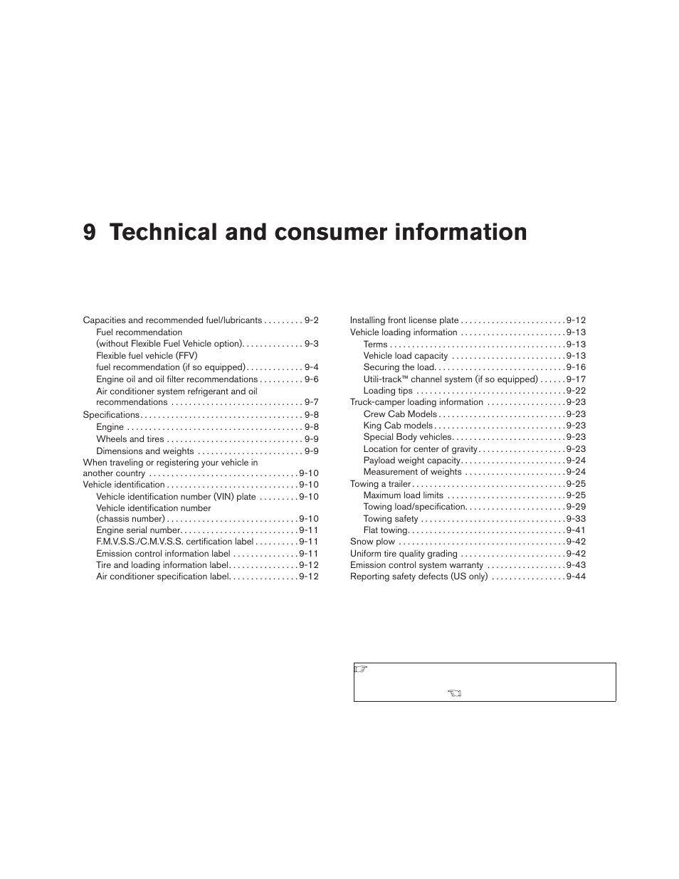 Technical and consumer information, 9 technical and consumer information | NISSAN 2009 Titan User Manual | Page 346 / 408