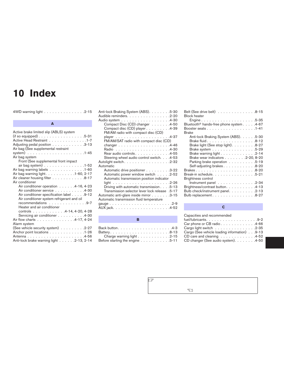 Index, 10 index | NISSAN 2009 Titan User Manual | Page 395 / 408