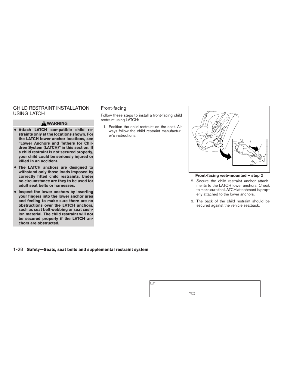 Child restraint installation using latch -28 | NISSAN 2009 Titan User Manual | Page 44 / 408