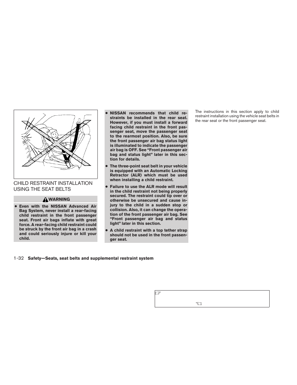 Child restraint installation using the seat, Belts -32 | NISSAN 2009 Titan User Manual | Page 48 / 408