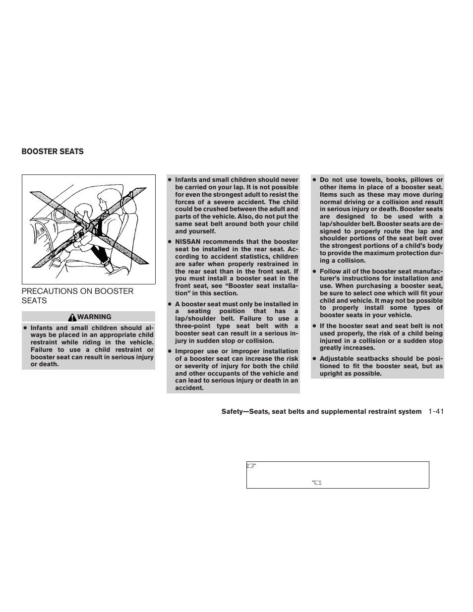 Booster seats -41, Precautions on booster seats -41 | NISSAN 2009 Titan User Manual | Page 57 / 408