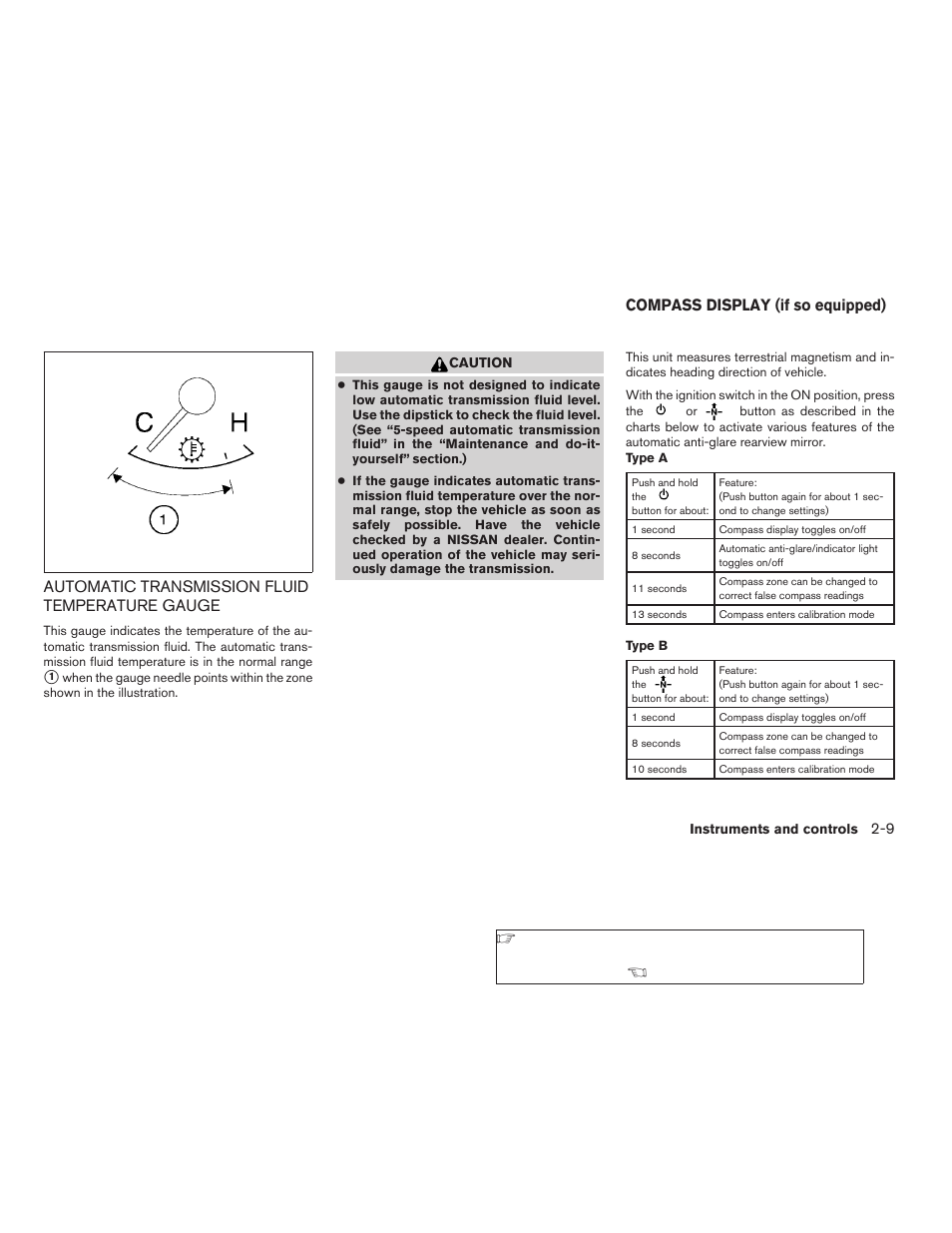 Automatic transmission fluid temperature, Gauge -9, Compass display (if so equipped) -9 | Automatic transmission fluid temperature gauge, Compass display (if so equipped) | NISSAN 2009 Titan User Manual | Page 87 / 408