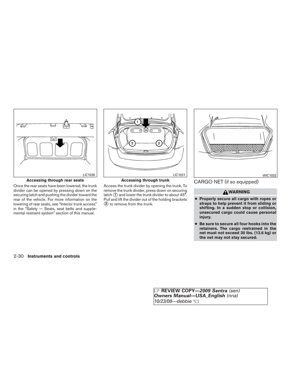 Cargo net (if so equipped) -30 | NISSAN 2009 Sentra User Manual | Page 104 / 326