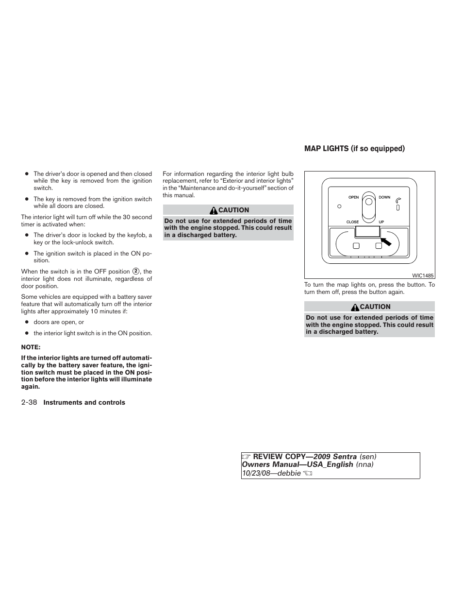 Map lights (if so equipped) -38 | NISSAN 2009 Sentra User Manual | Page 112 / 326