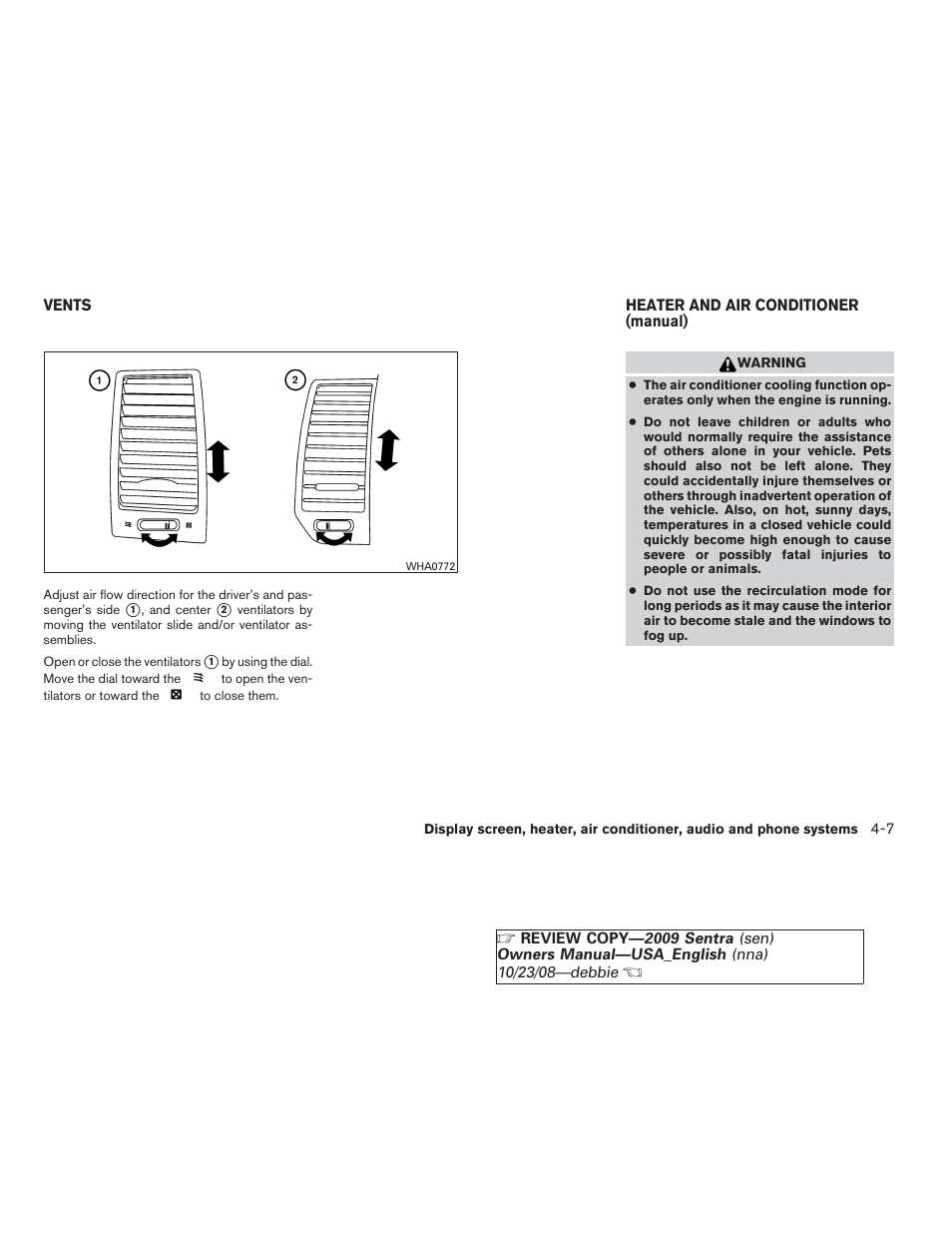 Vents -7 heater and air conditioner (manual) -7 | NISSAN 2009 Sentra User Manual | Page 149 / 326