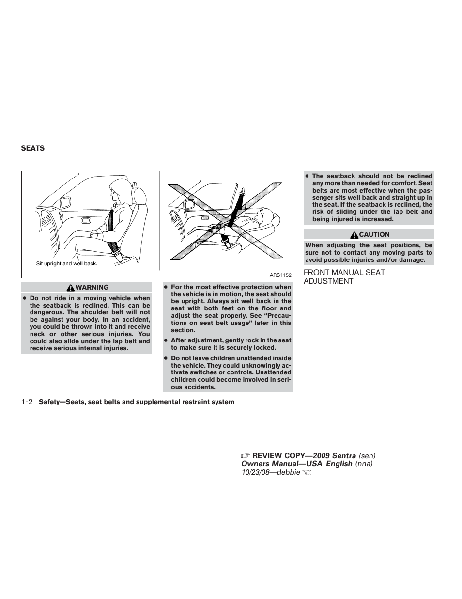 Seats -2, Front manual seat adjustment -2 | NISSAN 2009 Sentra User Manual | Page 18 / 326