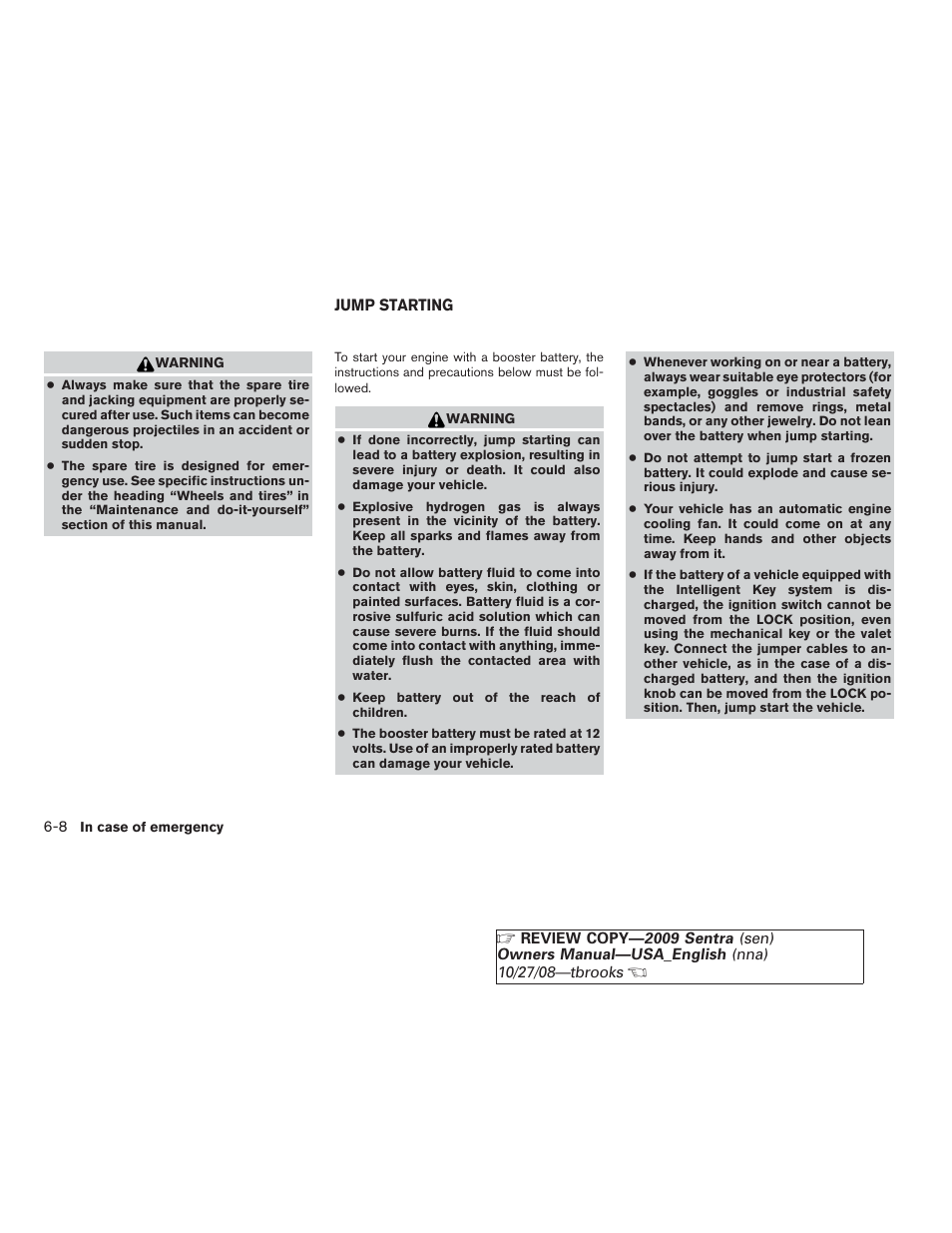 Jump starting -8 | NISSAN 2009 Sentra User Manual | Page 232 / 326